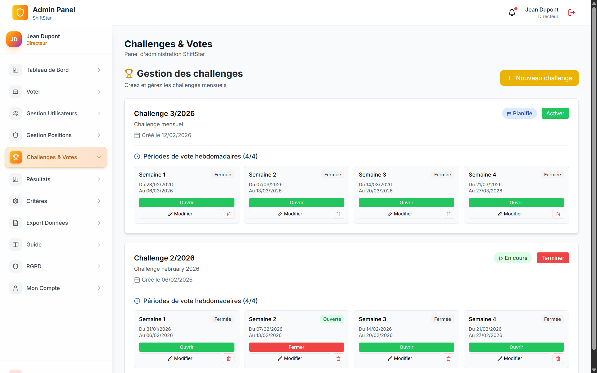 Gestion des challenges